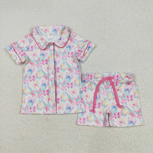 Baby Girl Short Sleeves Colorful Butterfly Buttons Shirt Shorts Pajamas Set RTS