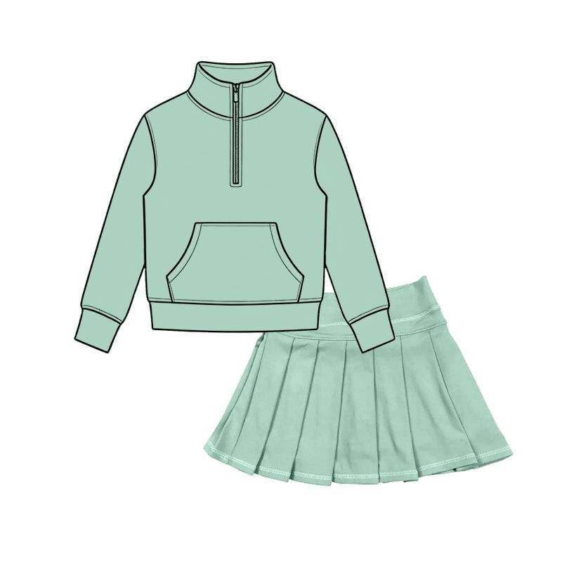 ( Moq 5 ) Preorder Baby Girls Kids Pocket Zipper Shirt Skirt Shorts Yoga Active Set Green Clothes