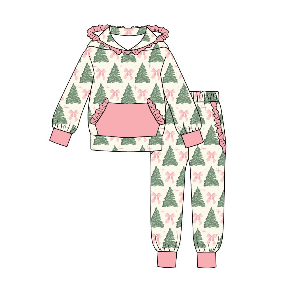 ( Moq 5 ) Preorder Baby Girls Kids Christmas Tree Bows Hoodie Pullover Ruffle Pockets Pants Set Clothes