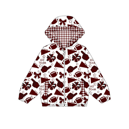 ( Moq 5 ) Baby Girls Kids Bows Cheer Pockets Checked Hoodie Zipper Football Jacket Tops