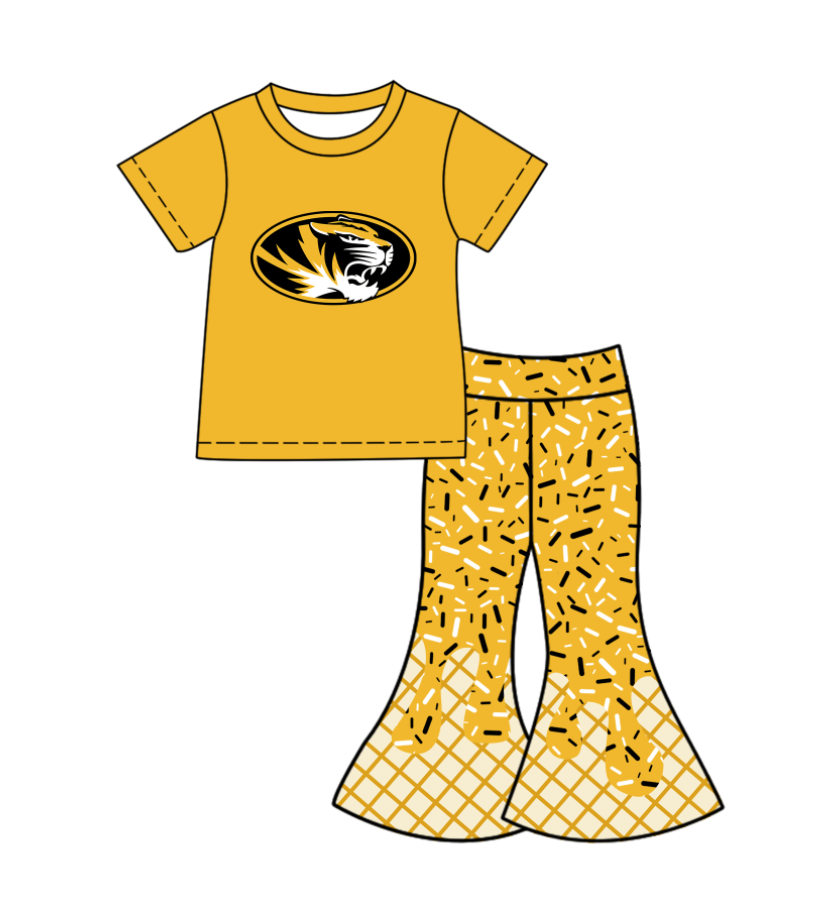 ( Moq 5 ) Baby Girls Yellow Short Sleeves Tiger Shirt Drip Sprinkles Bell Pants Team Clothes Set