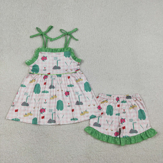 Baby Girls Kids Straps Golf Plaid Tops Ruffle Shorts Clothes Set RTS