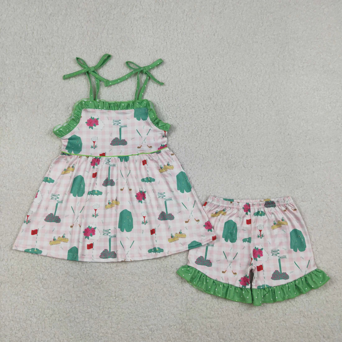 Sibling Baby Girls Kids Straps Golf Plaid Summer Bubble Romper Set RTS