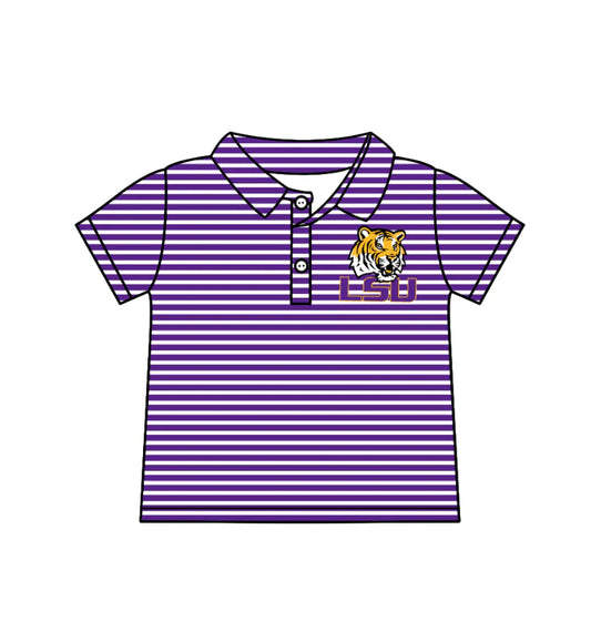( Moq 5 ) Baby Boys Short Sleeves Tiger Purple Stripes Team Buttons Shirt Tops