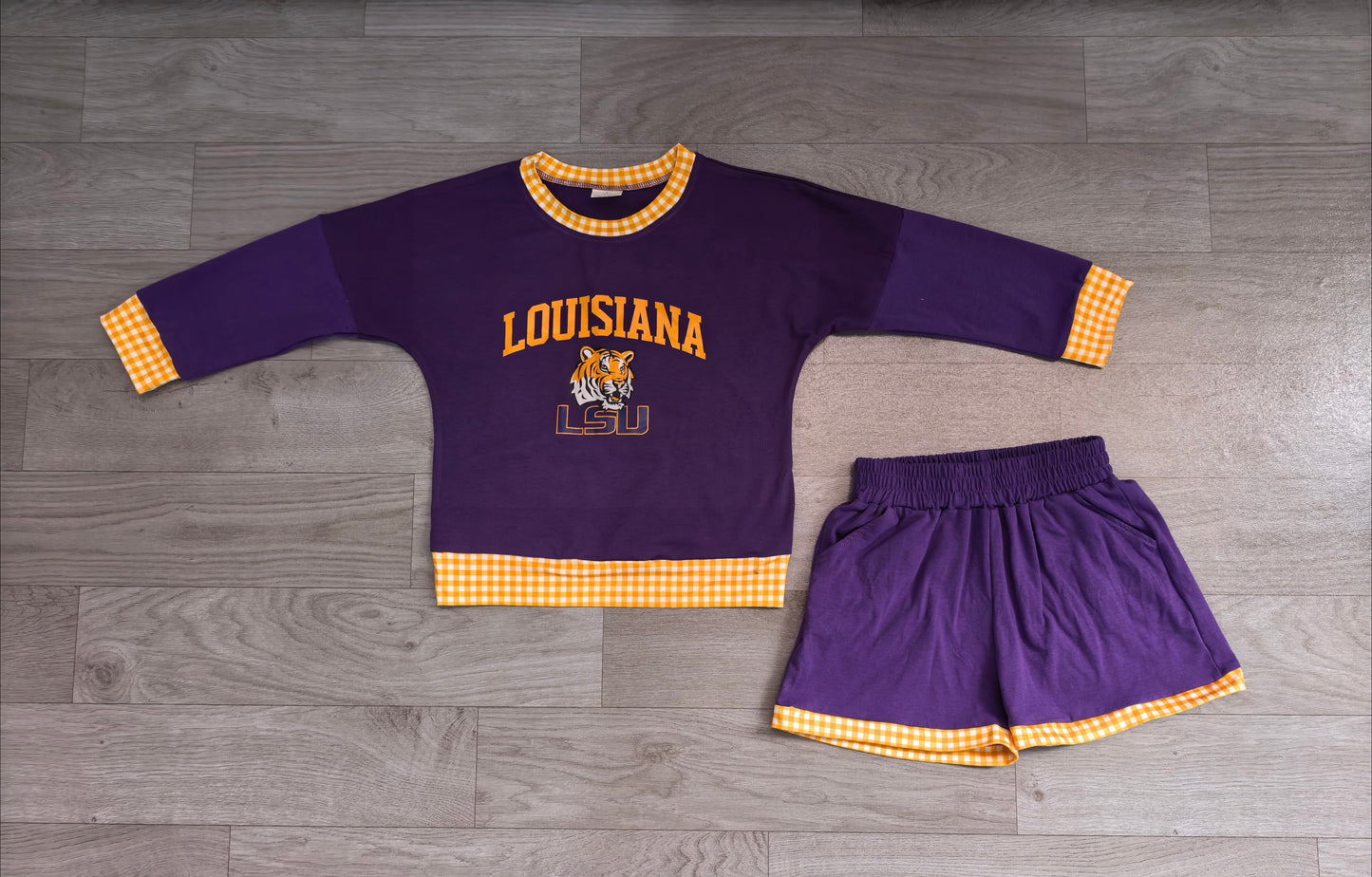 ( No moq ) Preorder Baby Girls Kids Long Sleeves Purple Shirt Shorts Tiger Cotton Set Team Clothes