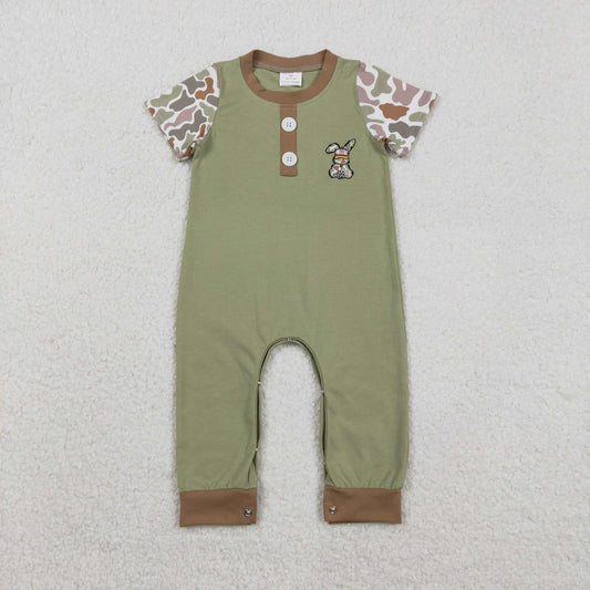 Boys Infant Camo Short Sleeves Embroidery Rabbit Easter Buttons Romper RTS