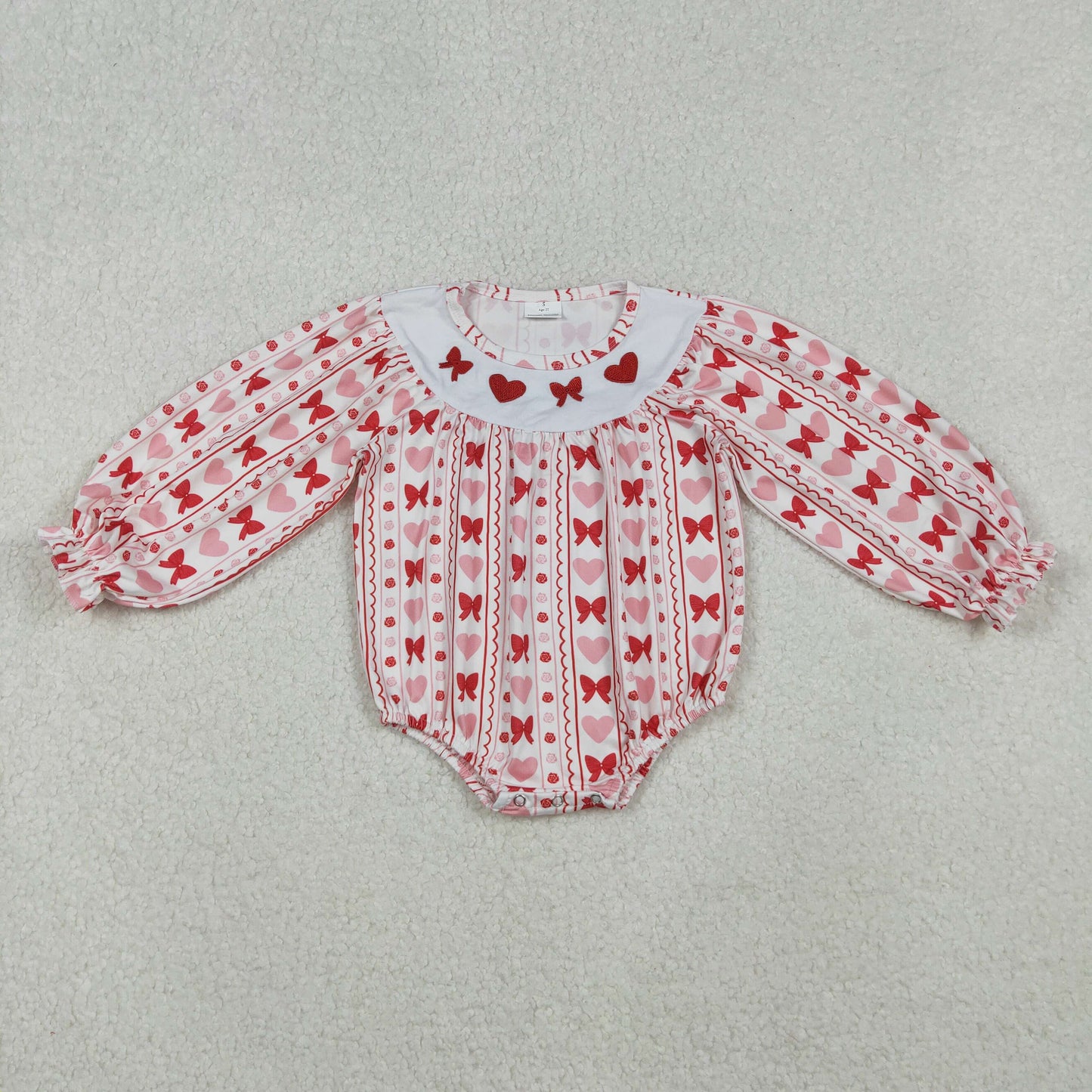 Baby Girl Long Sleeves Embroidery Red Hearts Bows Valentine's Day Bubble Romper RTS