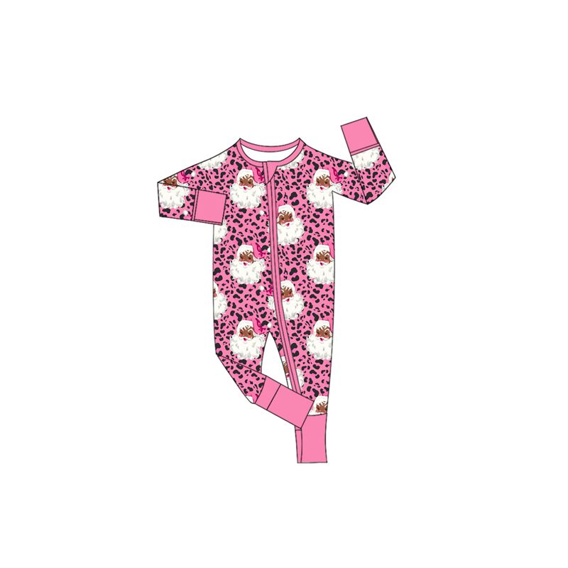 ( No moq ) Preorder Baby Girls Kids Long Sleeves Christmas Santa Leopard Zipper Footie Sleeper Romper