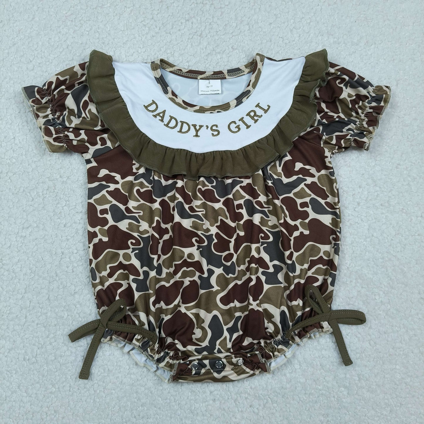 Baby Girls Infant Embroidery Daddy's Girl Dark Green Camo Bows Bubble Romper RTS