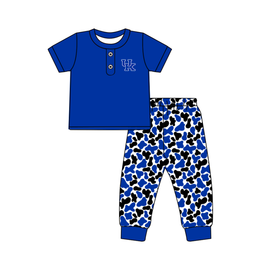 ( Moq 5 ) Baby Boys Blue Short Sleeves Buttons Shirt Camo Pants Team Clothes Set