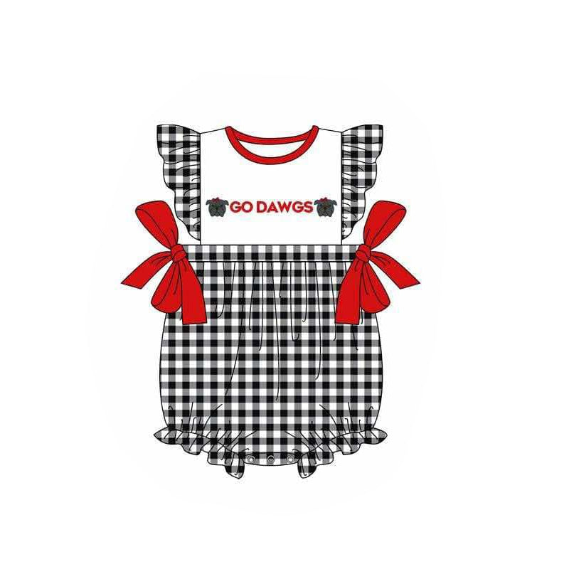Baby Girl Short Sleeves Bows Dogs Checked Team Bubble Romper ( Moq 5 )