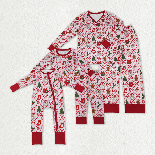Sibling Baby Girls Adult Woman Gingerbread Bows Santa Christmas Romper Pajamas Clothes Set RTS