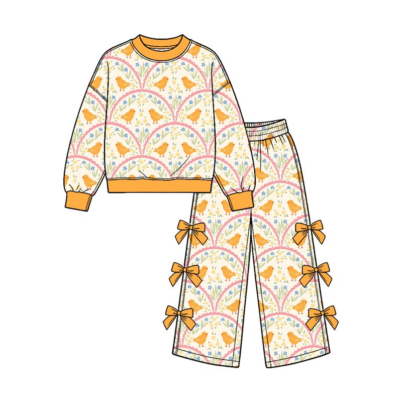 ( Moq 5 ) Preorder Baby Girls Kids Long Sleeves Chicks Flower Shirt Bows Pants Easter Set Clothes