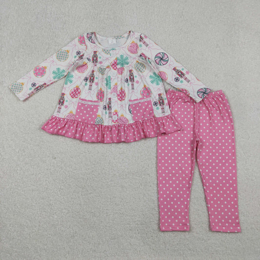Girls Kids Long Sleeves Soldiers Pockets Tunic Dots Pink Pants Christmas Clothes Set RTS