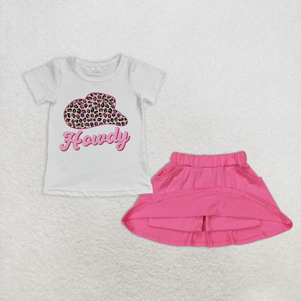 Baby Girl Short Sleeves Howdy Hat Western Shirt Pink Pockets Cotton Skort Set RTS