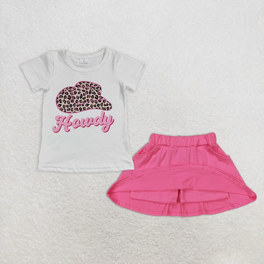 Baby Girl Short Sleeves Howdy Hat Western Shirt Pink Pockets Cotton Skort Set RTS