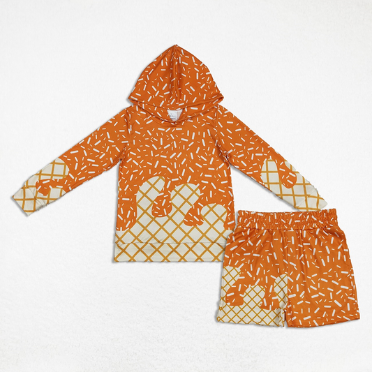 Kids Boys Long Sleeves Orange Drips Hoodie Team Shirt Pockets Shorts Set RTS
