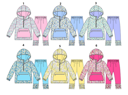 ( Moq 5 Each Style ) Sibling Baby Girls Long Sleeves Floral Hoodie Zipper Pocket Pullover Ruffle Pants Sets