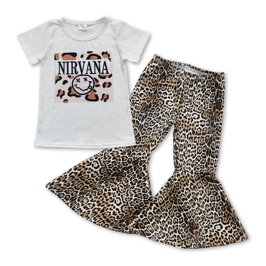 GSPO0840 Baby Girl Short Sleeves Shirt Leopard Leather Bell Pants Outfit