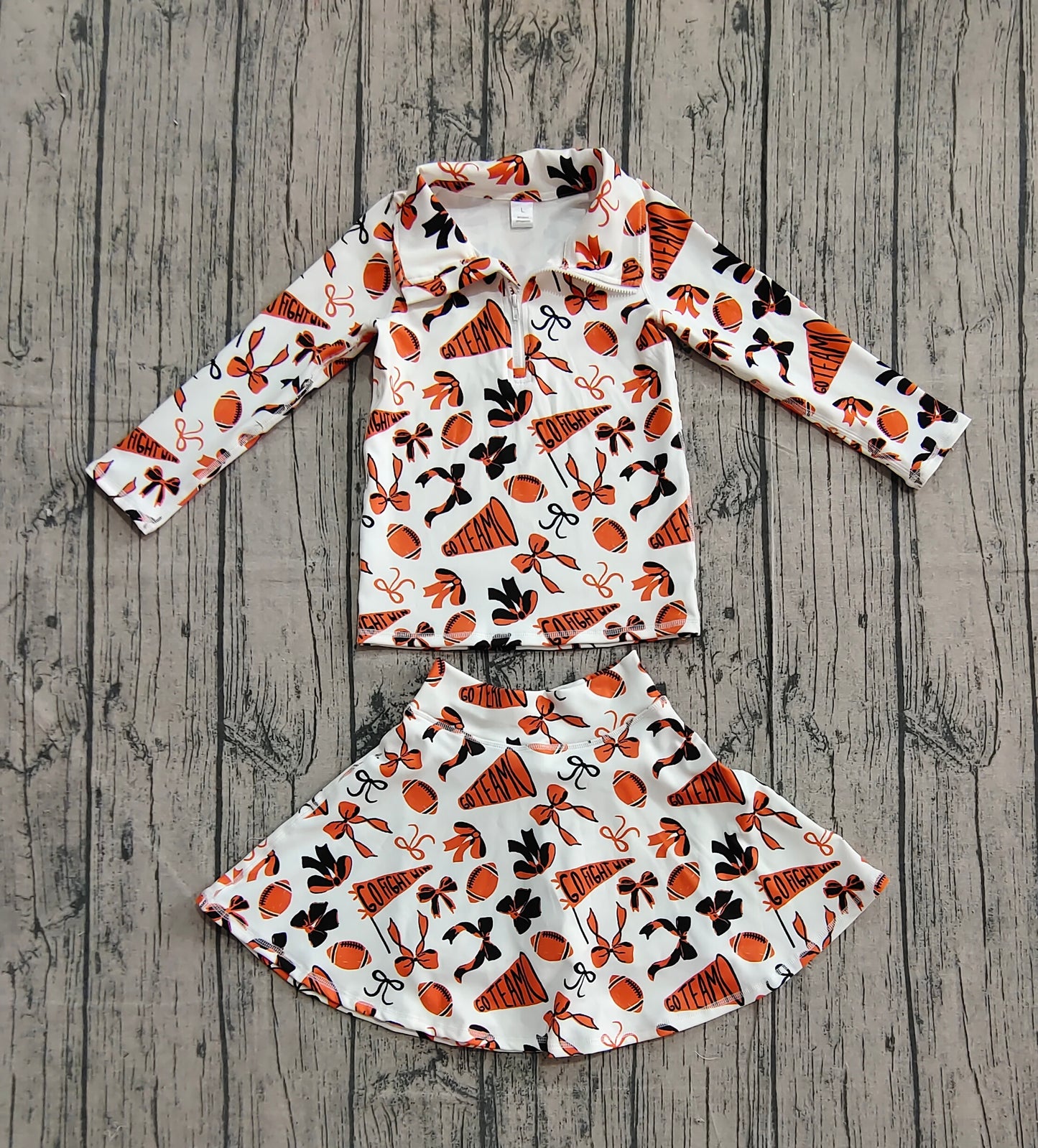 ( No moq ) Preorder Girls Kids Bows Orange Football Zipper Shirt Yoga Active Skorts Team Clothes Set