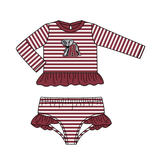 ( Moq 5 ) Baby Girls Kids Stripes Long Sleeves Elephant Ruffle Tops Shorts Team Set Swimsuit