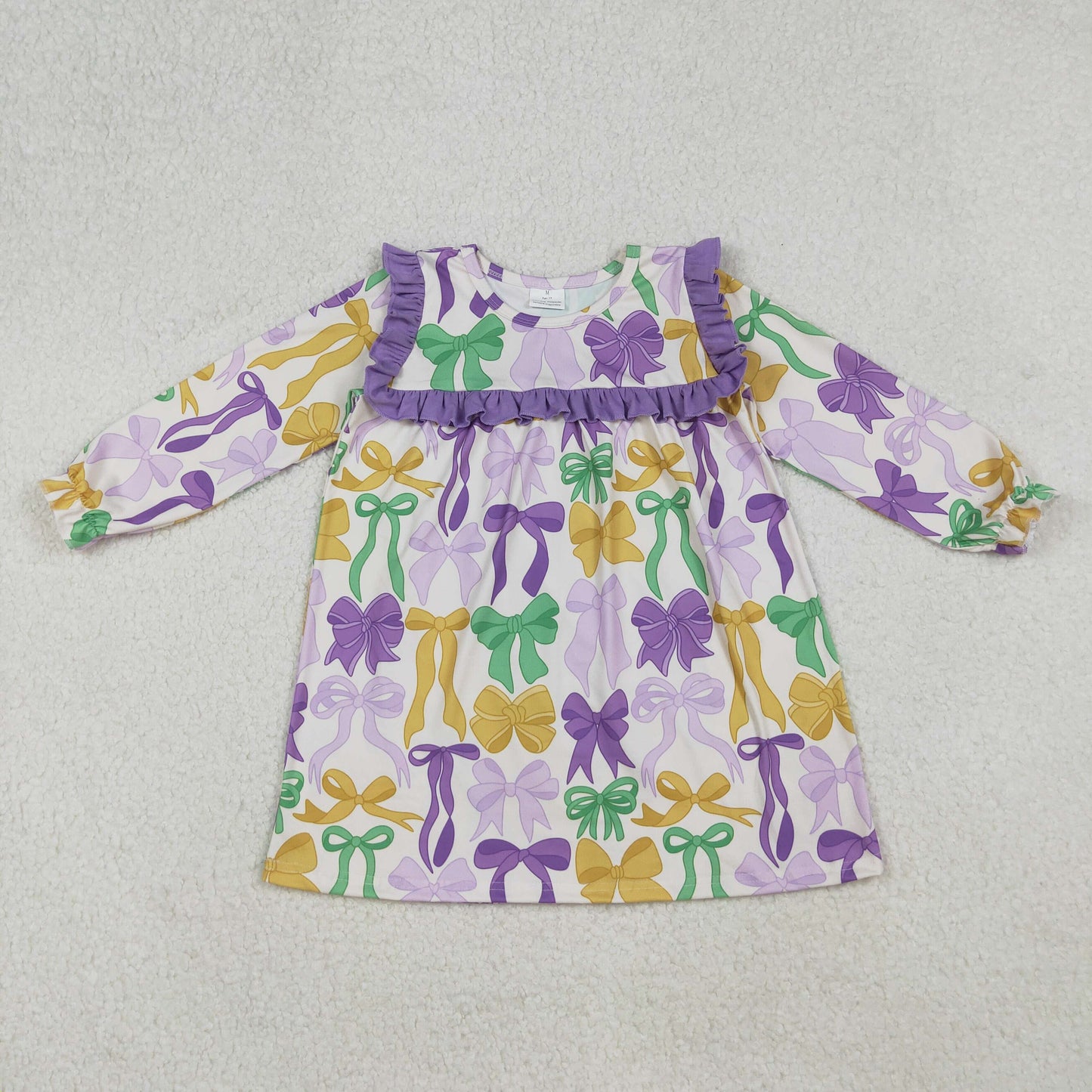 Girls Kids Long Sleeves Bows Purple Ruffle  Mardi Gras Knee Length Dress RTS