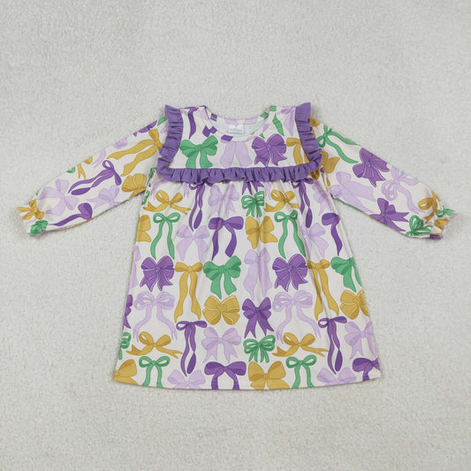 Girls Kids Long Sleeves Bows Purple Ruffle  Mardi Gras Knee Length Dress RTS