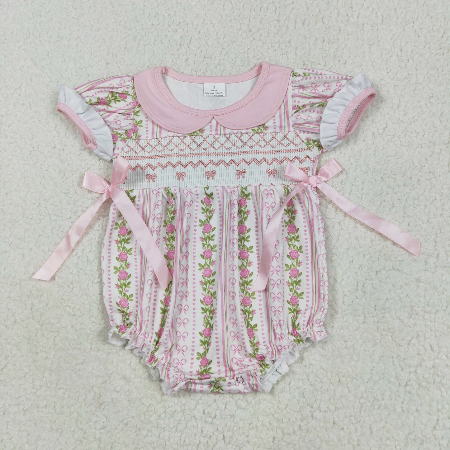 Baby Girl Infant Short Sleeves Embroidery Floral Pink Bows Bubble Smocked Romper