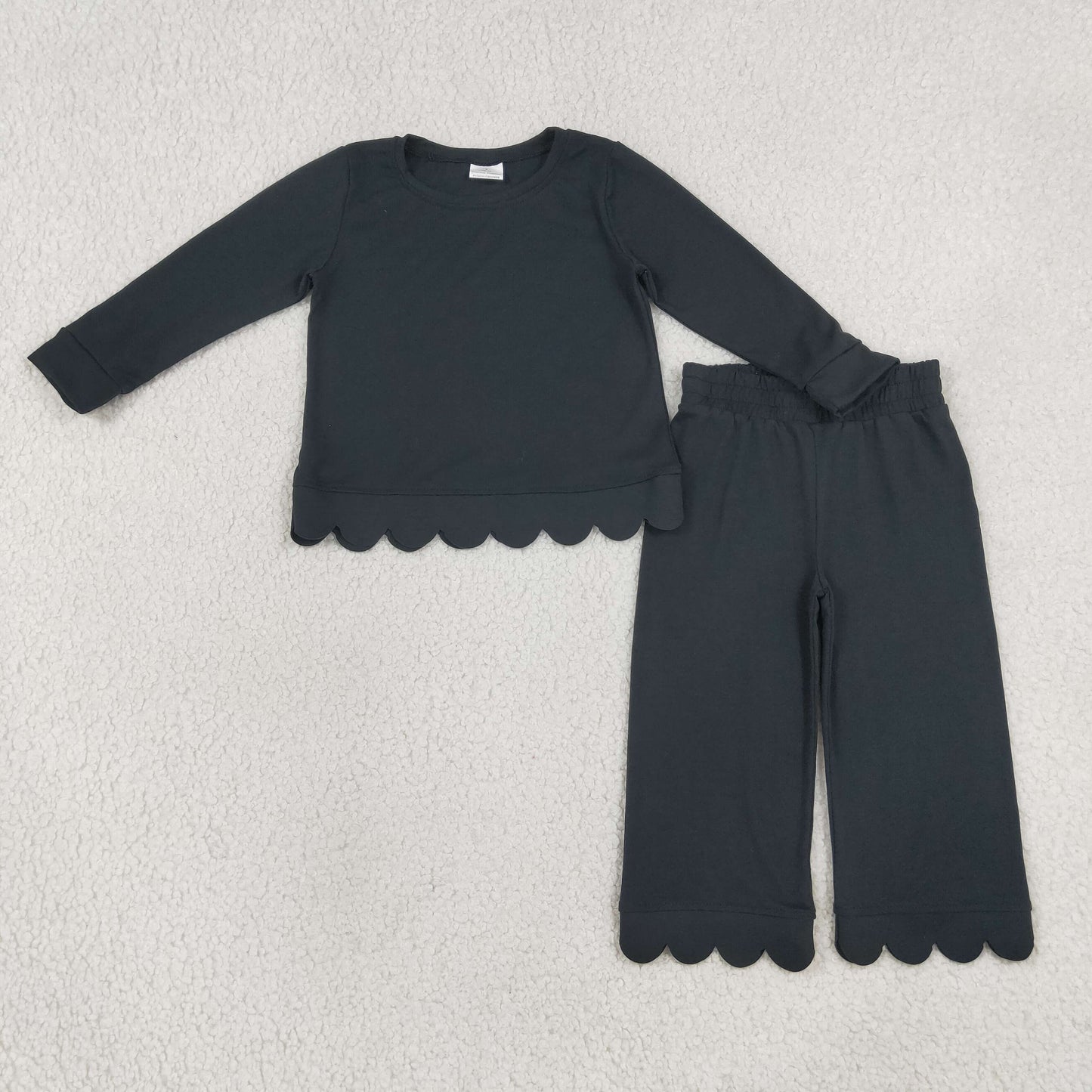 Baby Girls Kids Long Sleeves Shirt Pants Set Pajamas Scallop Black Clothes RTS