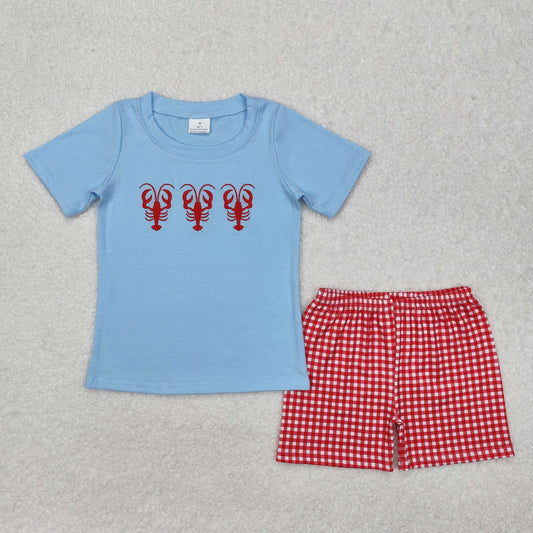 Baby Boy Blue Short Sleeves Embroidery Crawfish Shirt Red Checked Shorts Clothes Set