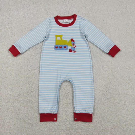 Baby Boy Infant Long Sleeves Embroidery Hearts Truck Stripes Valentine's Day Romper RTS