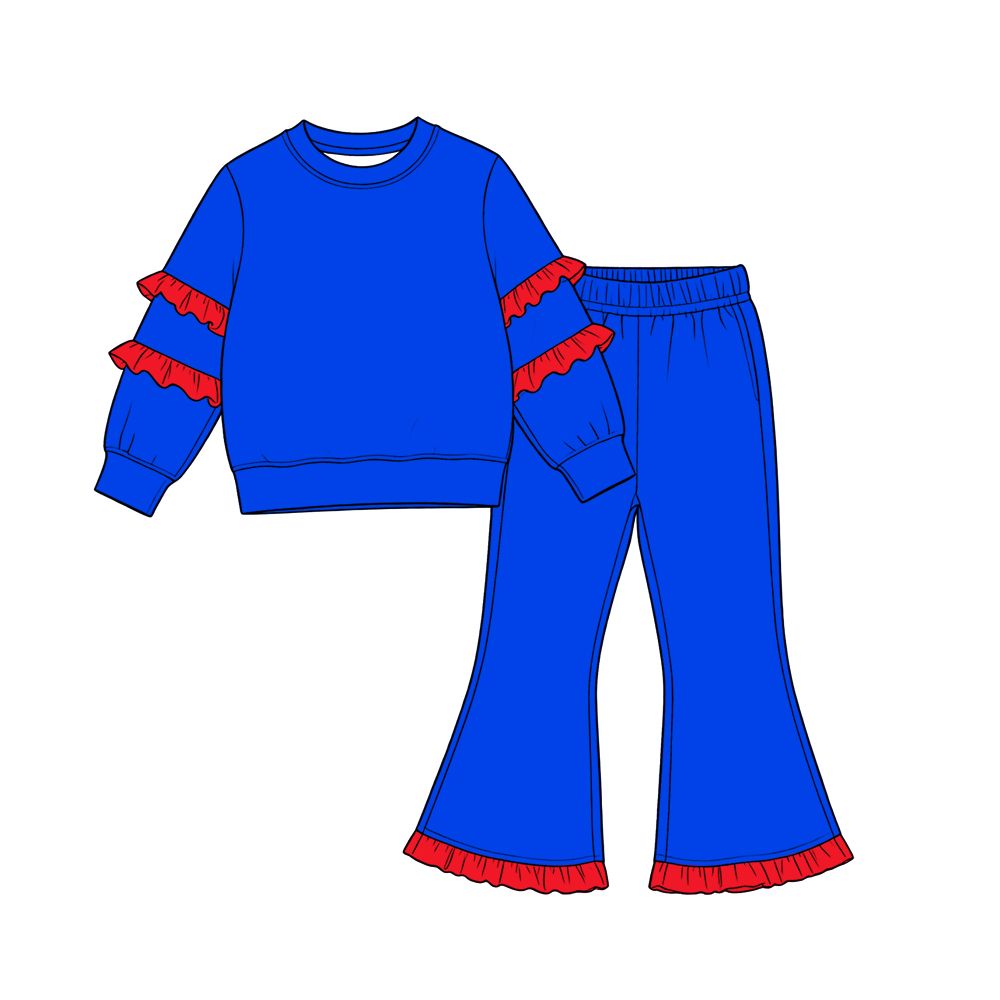 ( Moq 5 ) Preorder Baby Girls Kids Red Ruffle Long Sleeves Shirt Bell Pants Blue Set Cotton Clothes