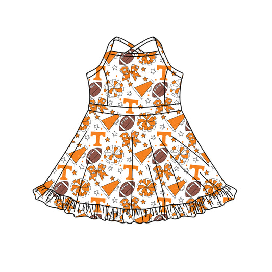 ( Moq 5 ) Baby Girls Toddler Straps Orange Bows Cheer Football Shorts Ruffle Dress Team Clothes