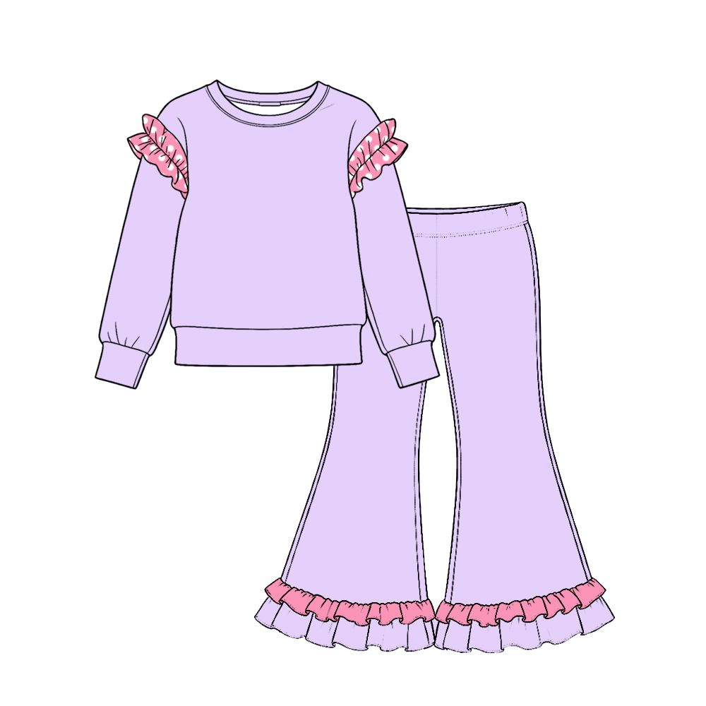 ( Moq 5 ) Preorder Baby Girls Kids Long Sleeves Purple Shirt Ruffle Pants Cotton Set Clothes