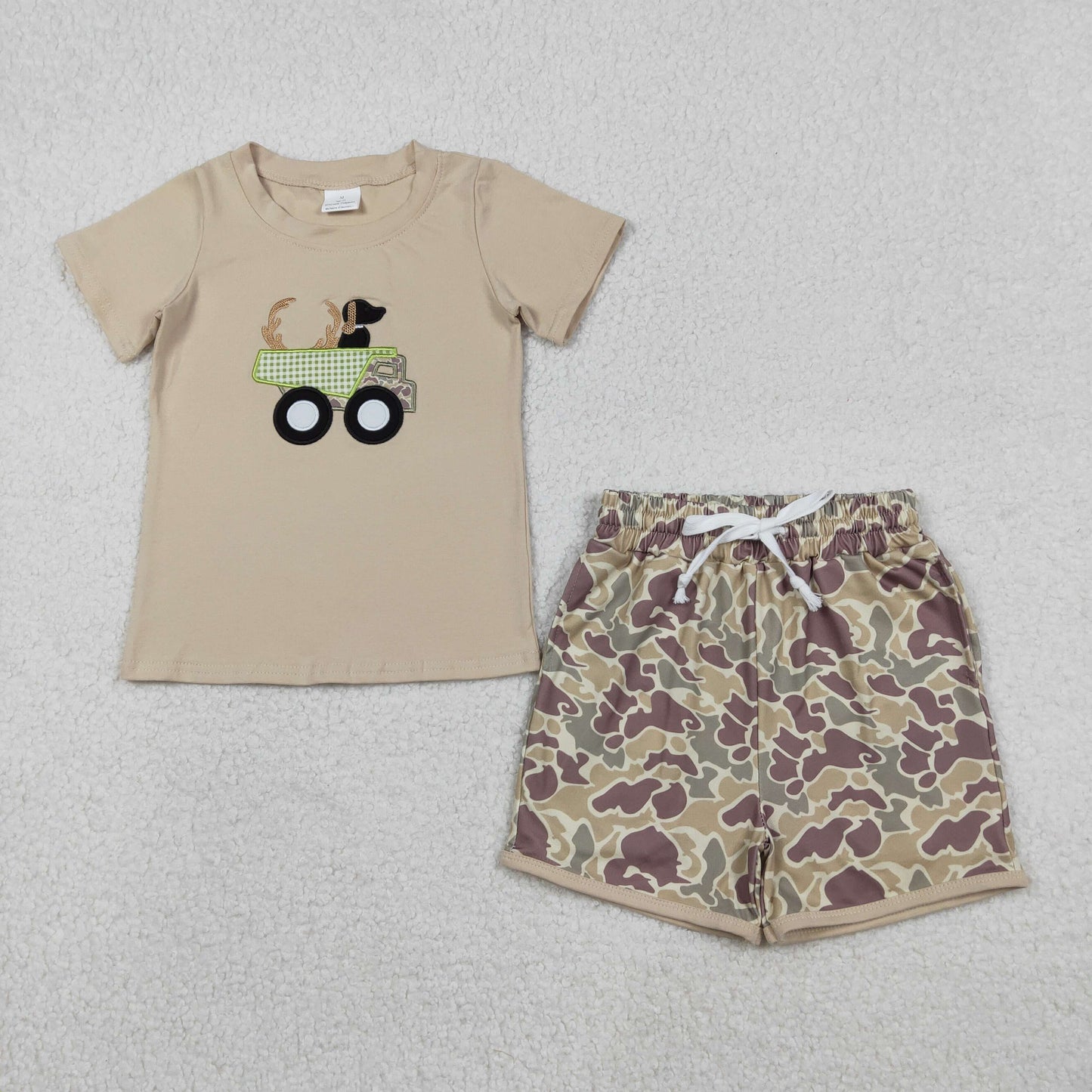Baby Boys Short Sleeves Embroidery Dog Deer Truck Shirt Camo Shorts Hunting Set RTS