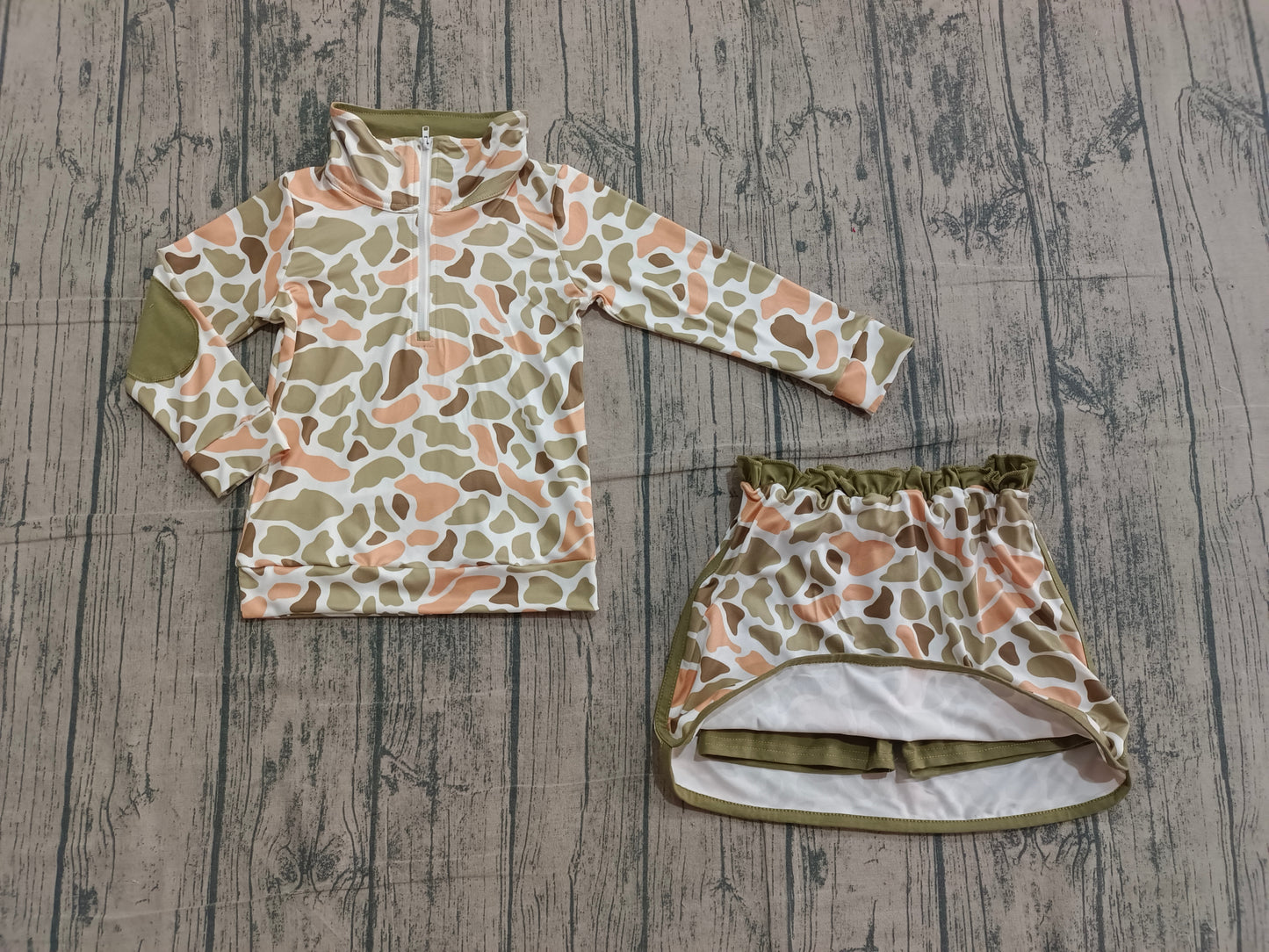Baby Girls Long Sleeves Orange Green Camo Zipper Pullover Skirt Shorts Set RTS