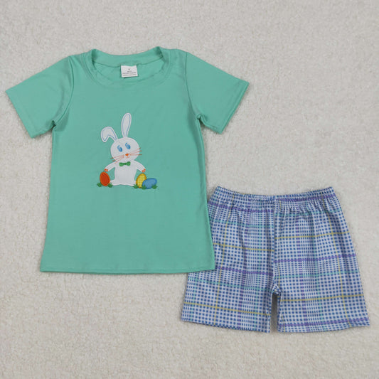 Preorder Baby Boy Short Sleeves Embroidery Rabbit Eggs Easter Green Shirt Plaid Shorts Clothes Set