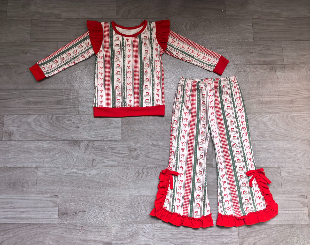 ( No moq ) Preorder Baby Girls Kids Santa Bows Shirt Ruffle Pants Set Christmas Clothes