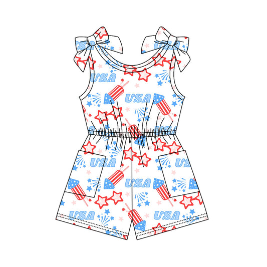 ( Moq 5 ) Preorder Baby Girls Kids Stars Pockets Shorts 4th of July Jumpsuit Clothes