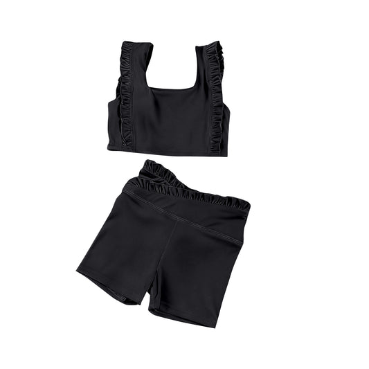 ( Moq 5 ) Preorder Baby Girls Kids Sleeveless Black Tops Ruffle Shorts Set Yoga Active Clothes