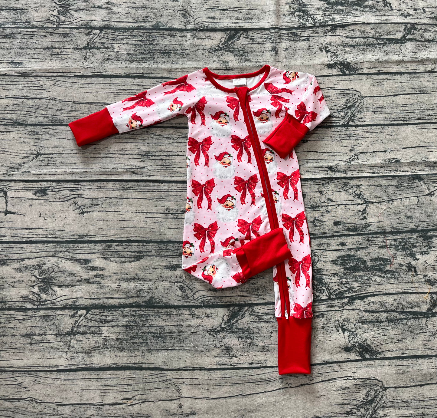 Baby Girl Long Sleeves Christmas Santa Red Bows Zipper Romper RTS