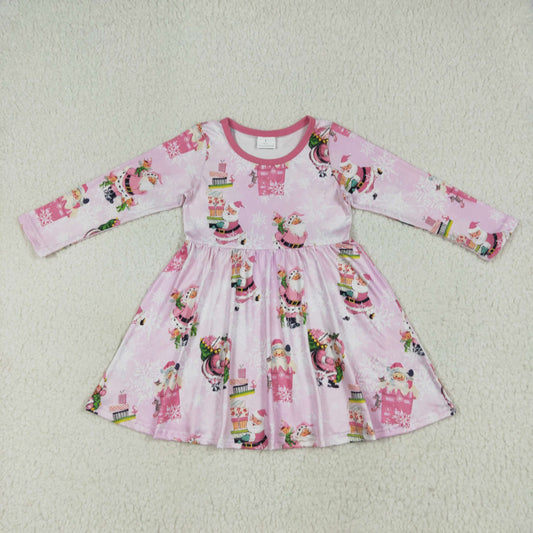 Baby Girl Infant Long Sleeves Christmas Santa Pink Knee Length Dress RTS