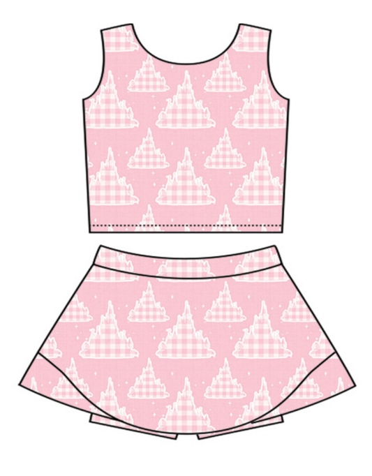 ( Moq 5 Each Style ) Sibling Baby Girls Kids Sleeveless Castle Tops Scallop Skirt Shorts Set Pink Clothes