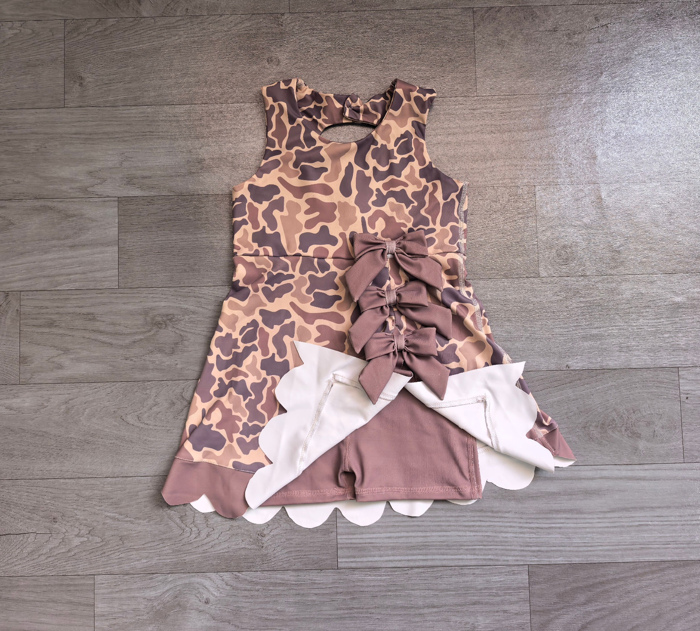 ( No moq ) Preorder Baby Girls Kids Sleeveless Camo Bows Shorts Scallop Dress Yoga Active Clothes