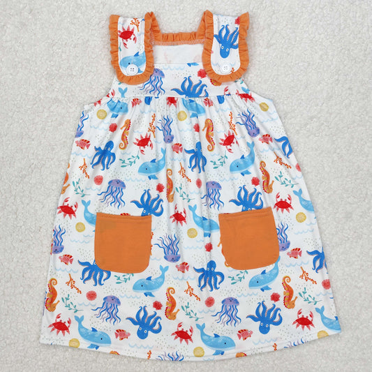 Preorder Baby Girl Sleeveless Ocean Animals Pockets Knee Length Dress RTS