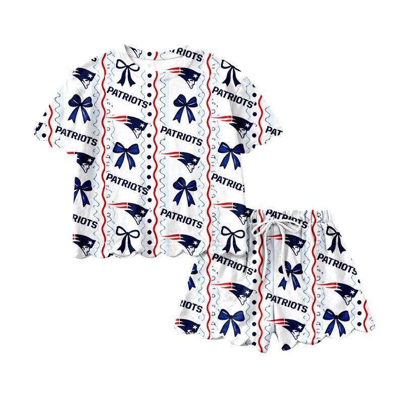 ( No moq ) Preorder Baby Girls Kids Short Sleeves Navy Bows Shirt Scallop Shorts Set Team Clothes