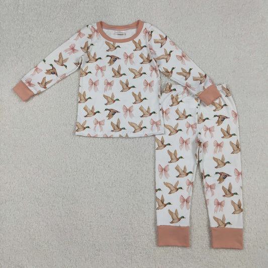 Baby Girl Long Sleeves Ducks Pink Bows Shirt Pants Pajamas Set RTS
