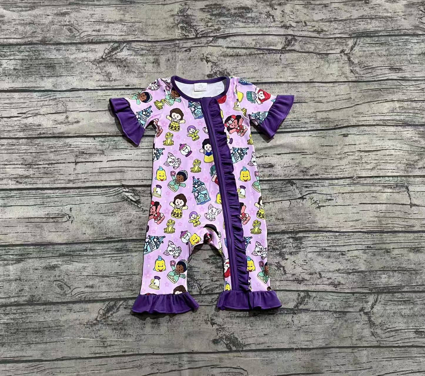 Baby Girl Infant Short Sleeves Cartoon Princess Zipper Purple Romper RTS