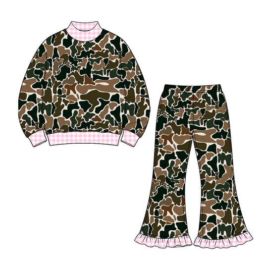 ( Moq 5 ) Preorder Baby Girls Kids Long Sleeves Plaid Pullover Brown Camo Bell Pants Set Clothes