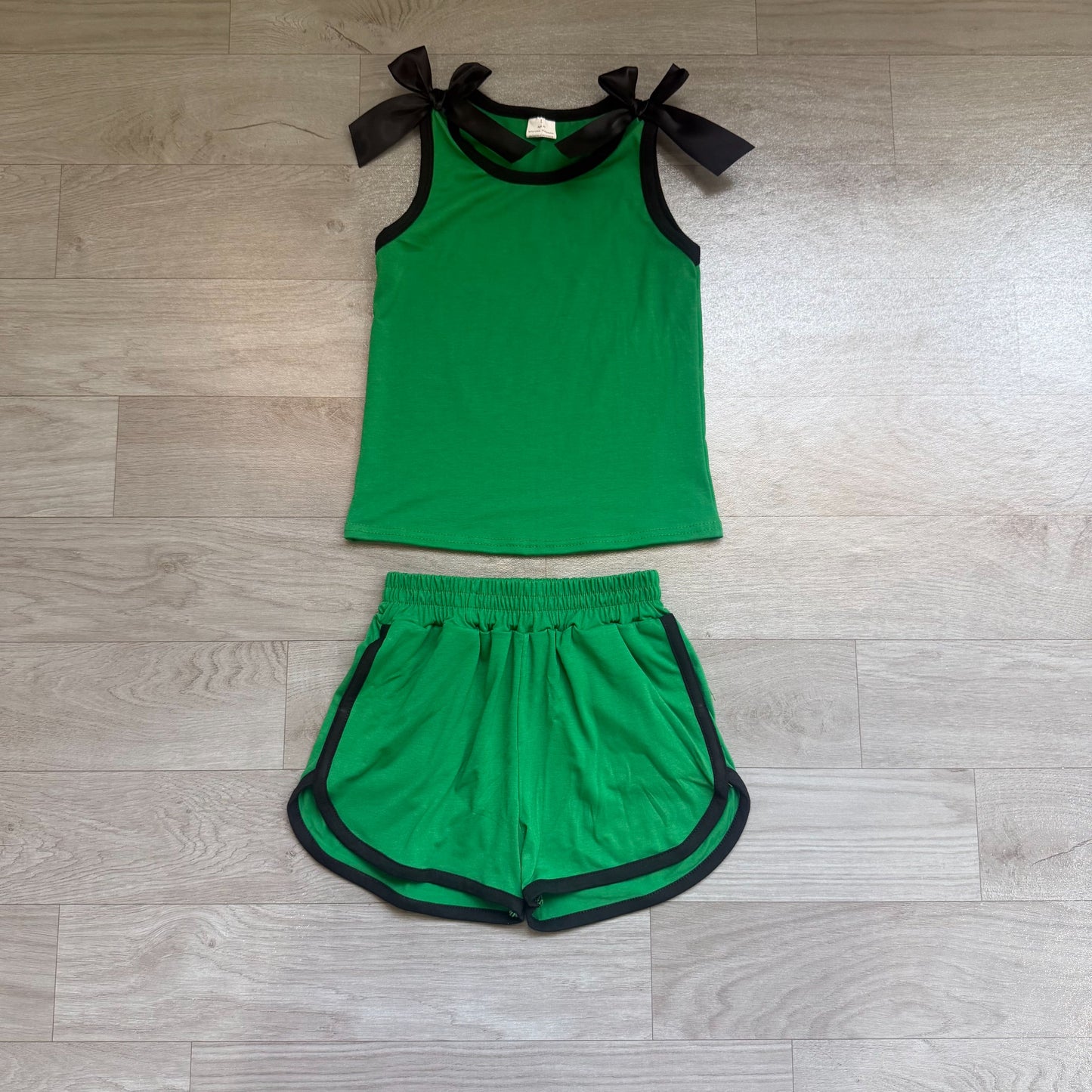 ( No moq ) Preorder Baby Girls Kids Black Bows Shirt Shorts Green Set Summer Clothes